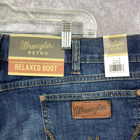 Wrangler Retro  Relaxed Boot Cut Jeans Mens 42x34 Blue Dark Faded Wash New NWT - Picture 8 of 13